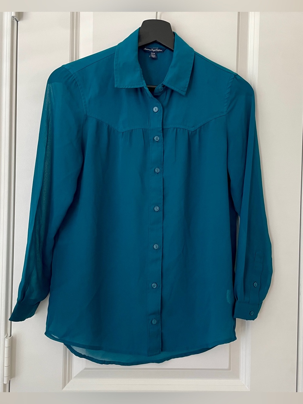 American Eagle Outfitters Teal Sheer Button-Down Shirt